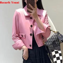 Veste en cuir véritable pour femme, col carré, poche, simple boutonnage, manteau court mince, vêtements d'extérieur pour femme, blazer Kurtki, hiver 2022