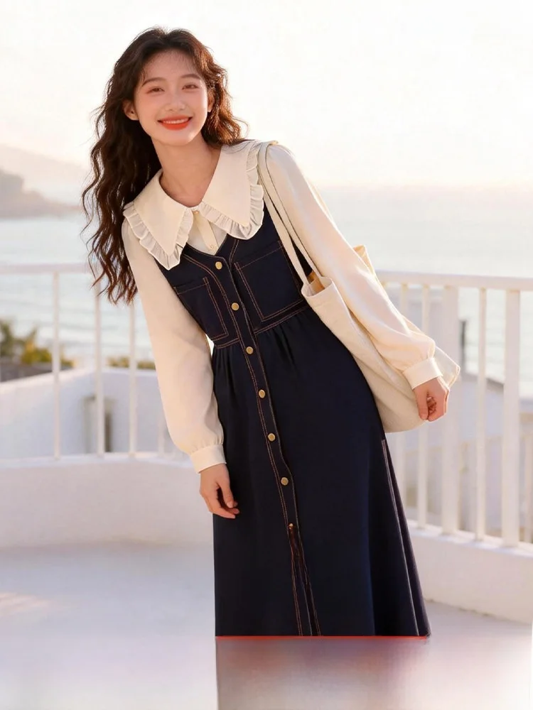 

Spring 2026 Elegant Doll Collar Splice Dress Slimming Standard Fit Polyester Fiber Casual Long Sleeve Short Dress Single Button
