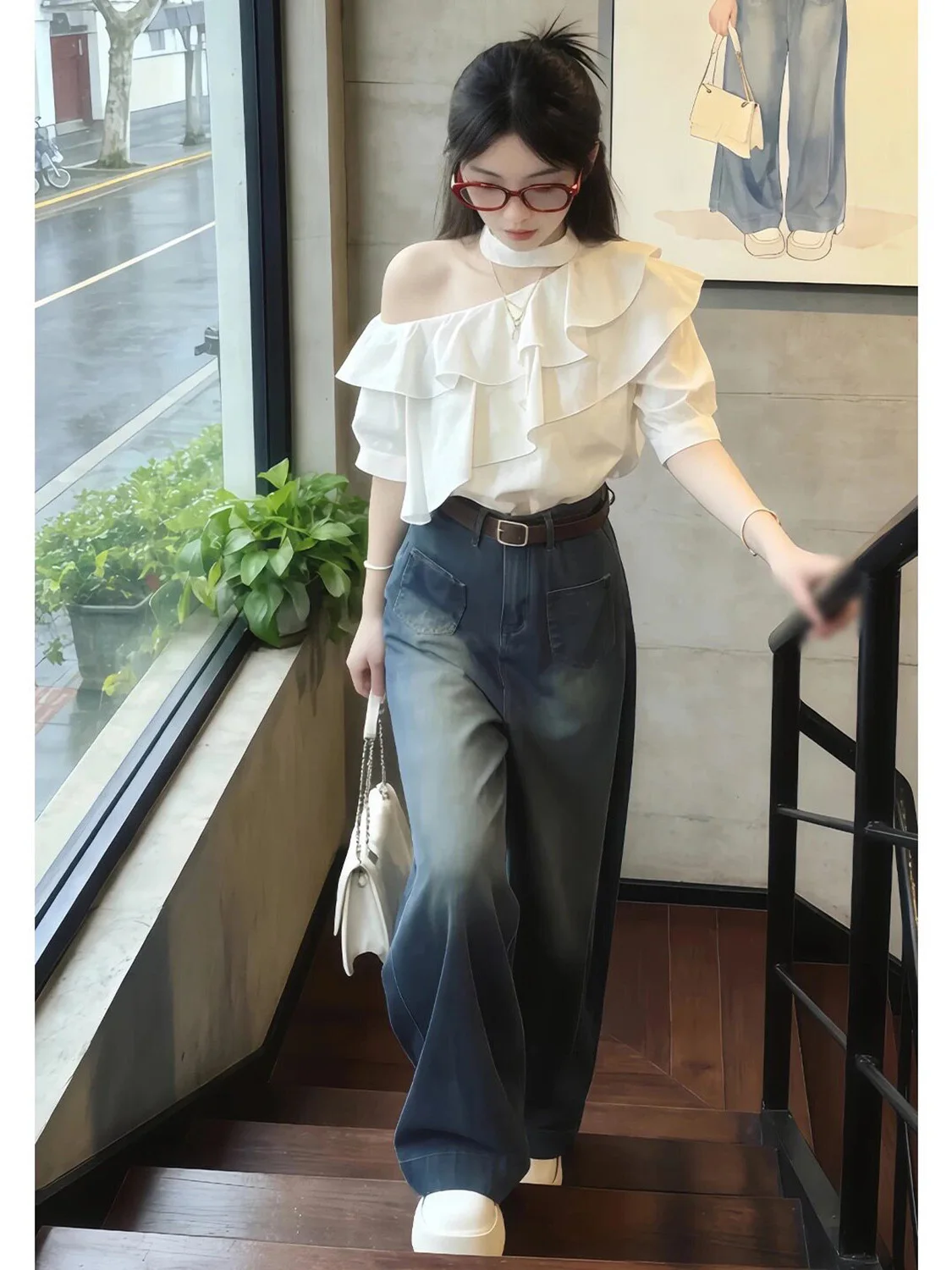 Spring Early High Waist Wide Leg Pants Shoulder Bared Women's Two Piece Set Slimming Effect Floral  Complete Outfit