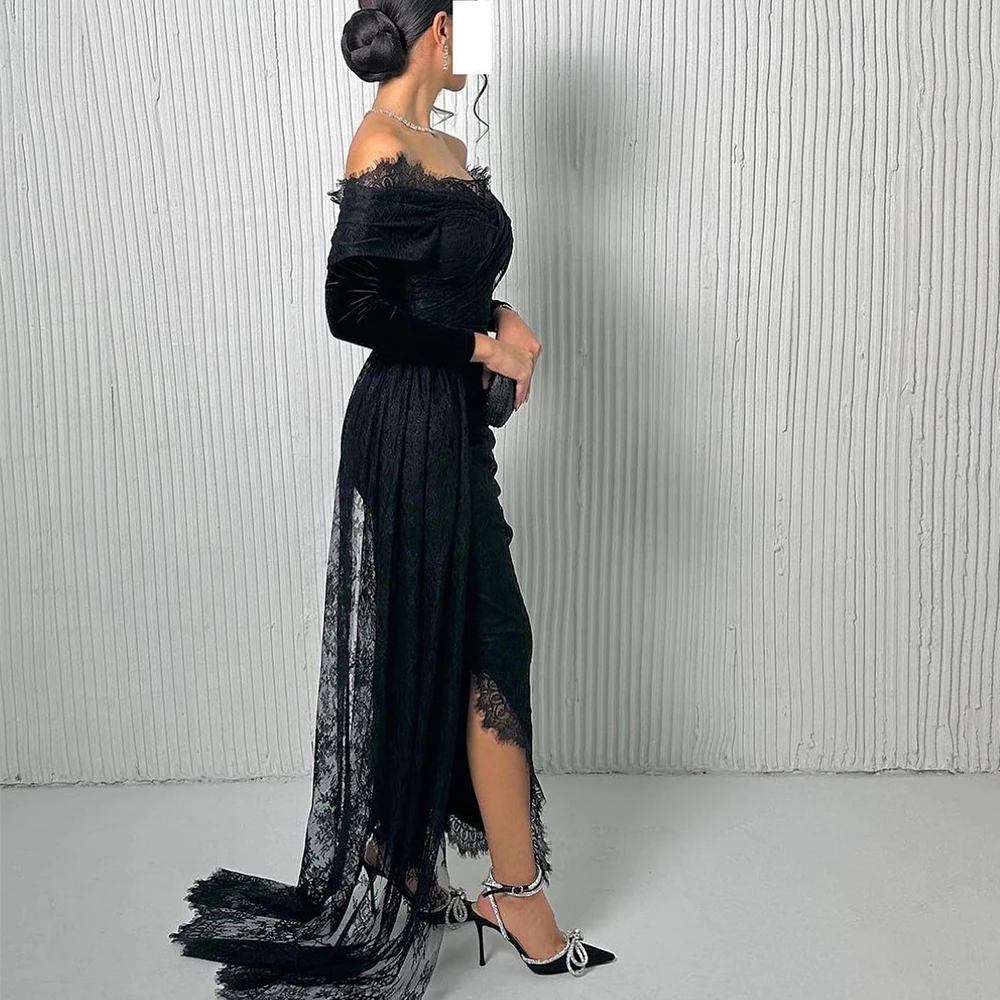 Black Lace Evening Dress Classic Boat Neck Long Sleves Sheath Prom Dress with Side Split HIgh Quality Celebrity Dresses 2024