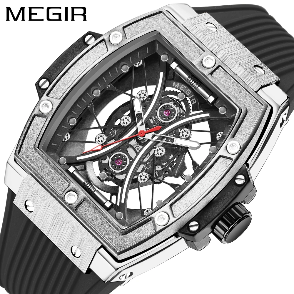 MEGIR Fashion Black Silicone Strap Sport Watch for Men\'s Tonneau Dial Military Waterproof Analog Quartz Wristwatch Male