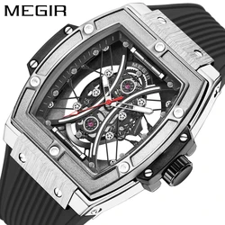 MEGIR Fashion Black Silicone Strap Sport Watch for Men's Tonneau Dial Military Waterproof Analog Quartz Wristwatch Male