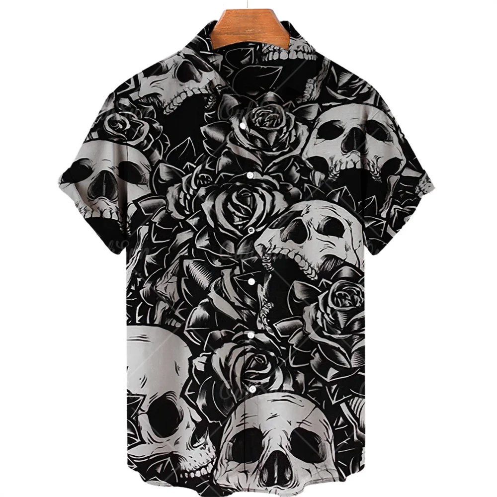 Hawaiihemd mit Totenkopf-Print, kurzärmelig, locker geschnitten, atmungsaktiv, Hip-Hop-Stil, schnelltrocknend, bequemes Herrenhemd für den Strand – Detail 9