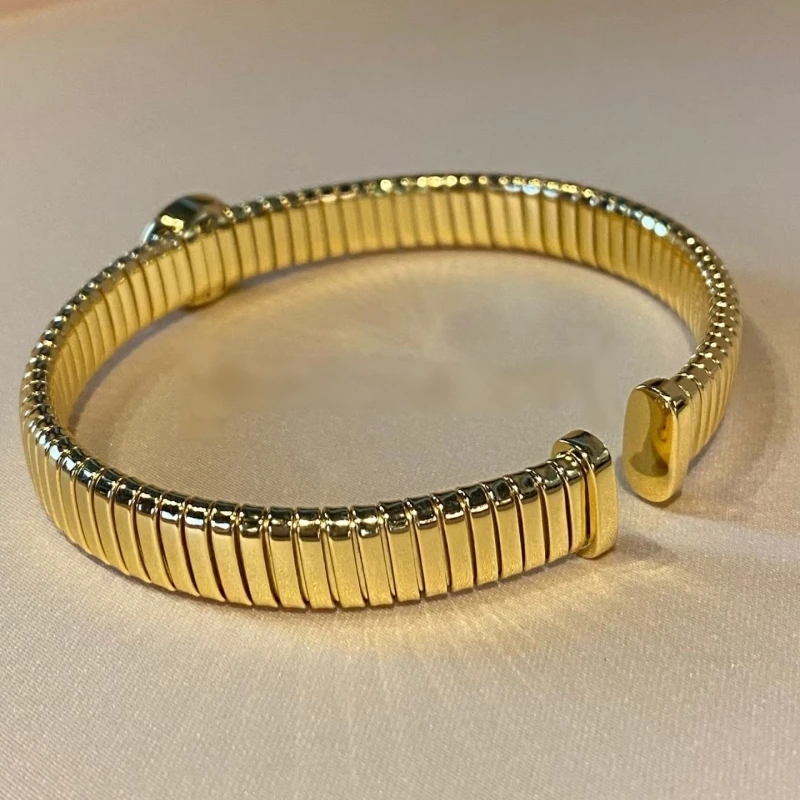 BELLUX Italian Gold Striped Artificial Blue Turquoise Elastic Bracelet s925 Pure Silver Vintage Fashion Open Bangle