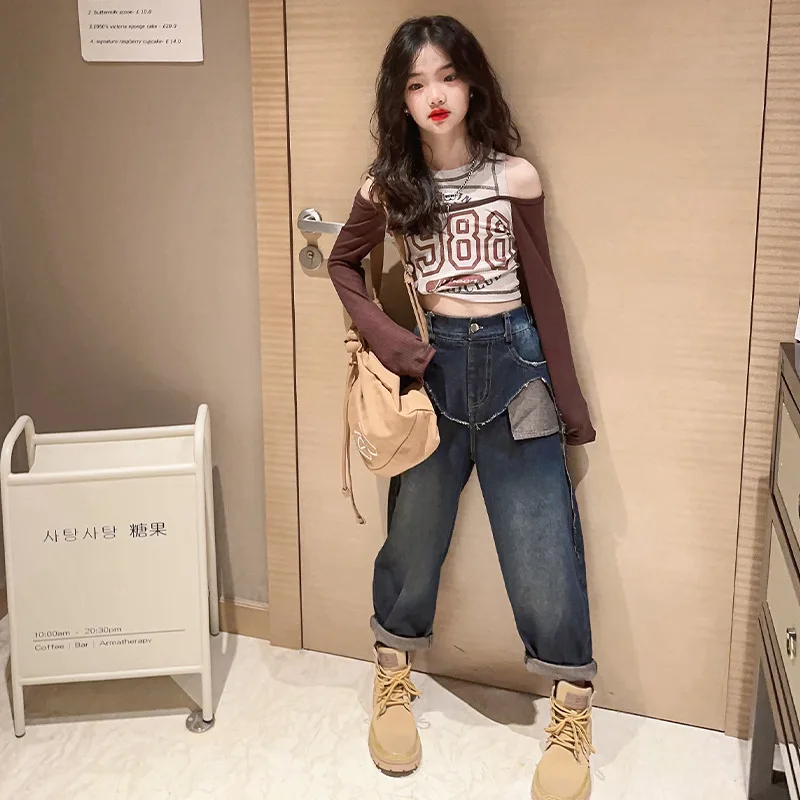 Girls Suits Spring Korean Set 2024 New Girls Fashionable Jeans Simple Casual Top and Trousers Korean Simple Style Two-piece Set