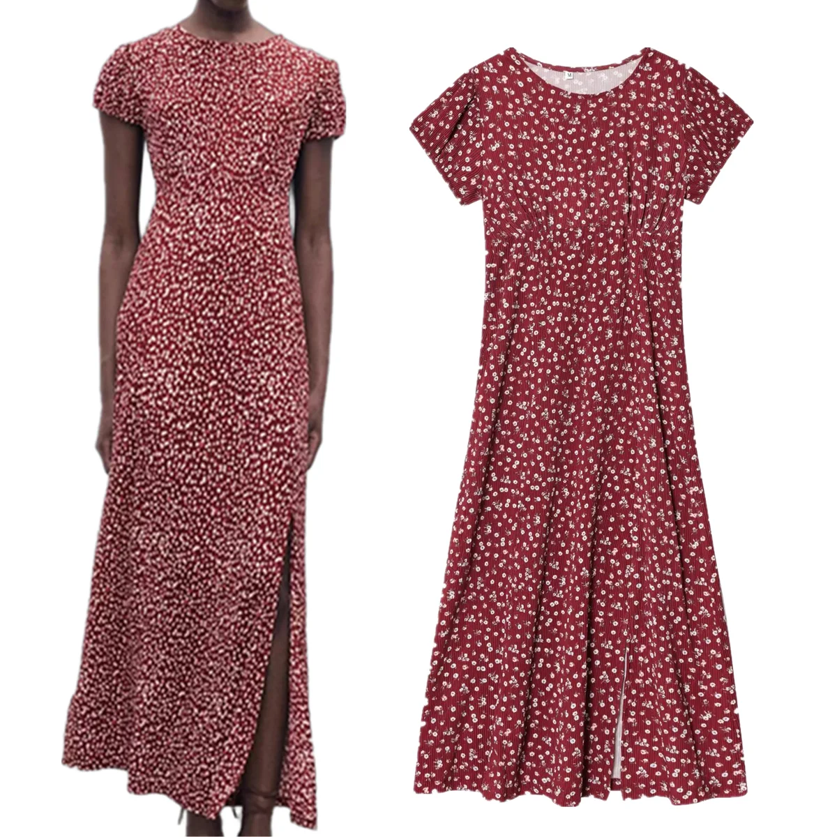 

Maxdutti Women's French Country Floral Round Neck Dress Elegant Sexy Slit Casual Dress Evening Dresses Party Dresses Vestidos