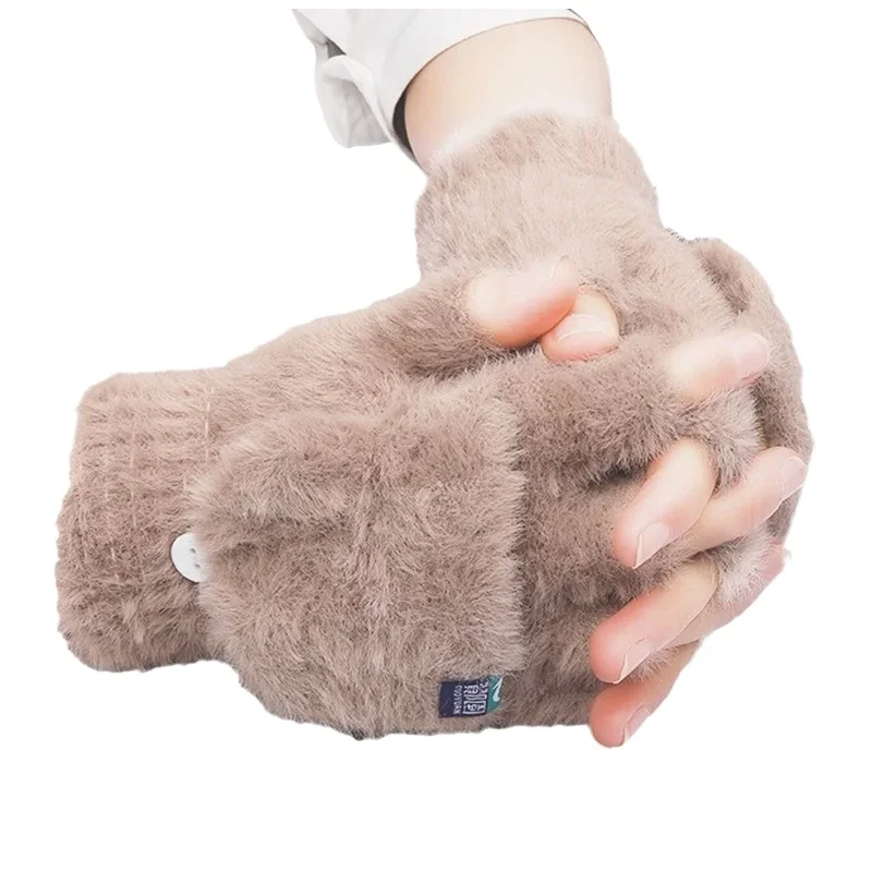 Thickened Cold Protection Flip Gloves Outdoor Write Plush Female Winter Mitten Fingerless Soft Warm Student Women