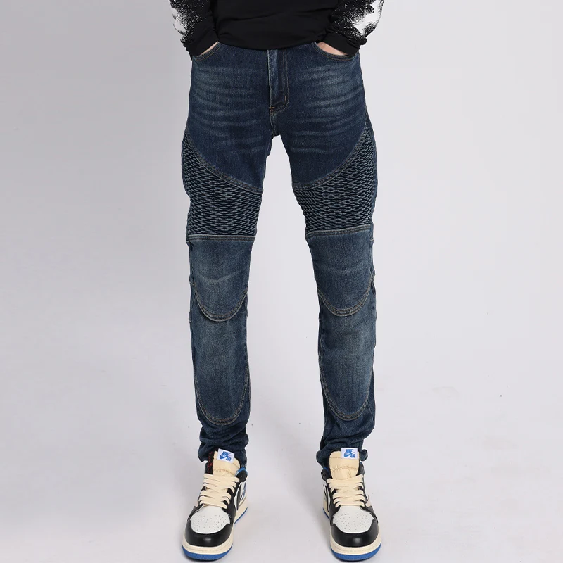 Fashion Streetwear Men Jeans Retro Blue Elastic Slim Fit Spliced Biker Jeans Men Wrinkle Patched Designer Hip Hop Pants Hombre