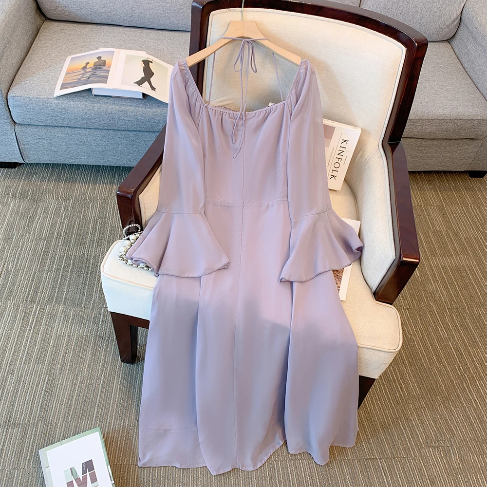 Plus-size women's summer casual commute loose and comfortable dress Purple flared sleeves slit lined long sleeves long dress big