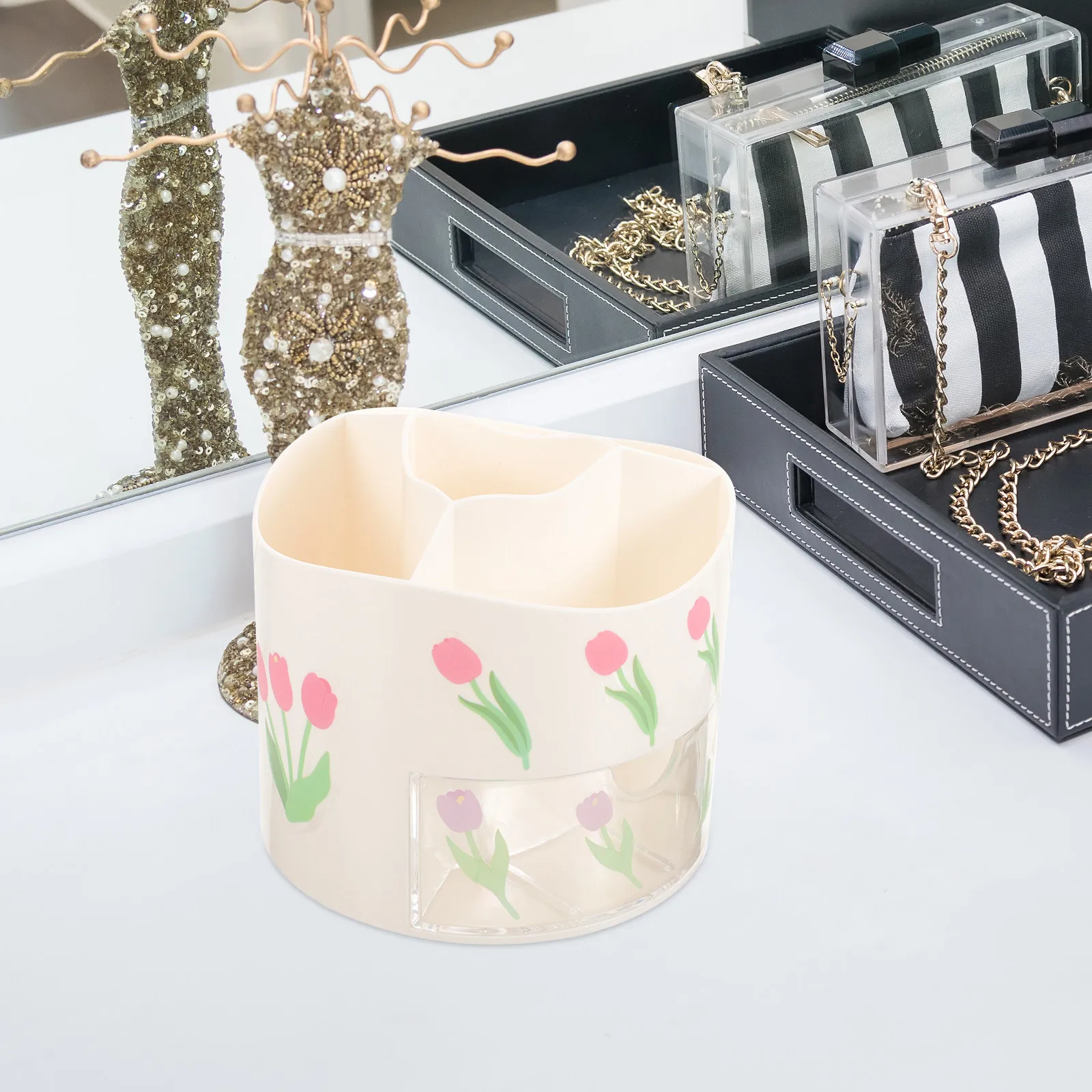 

Вращающийся органайзер для кистей для макияжа, настольный стакан-подставка с отделениями для ручек и карандашей, для косметики, уходовых средств и канцелярских принадлежностей