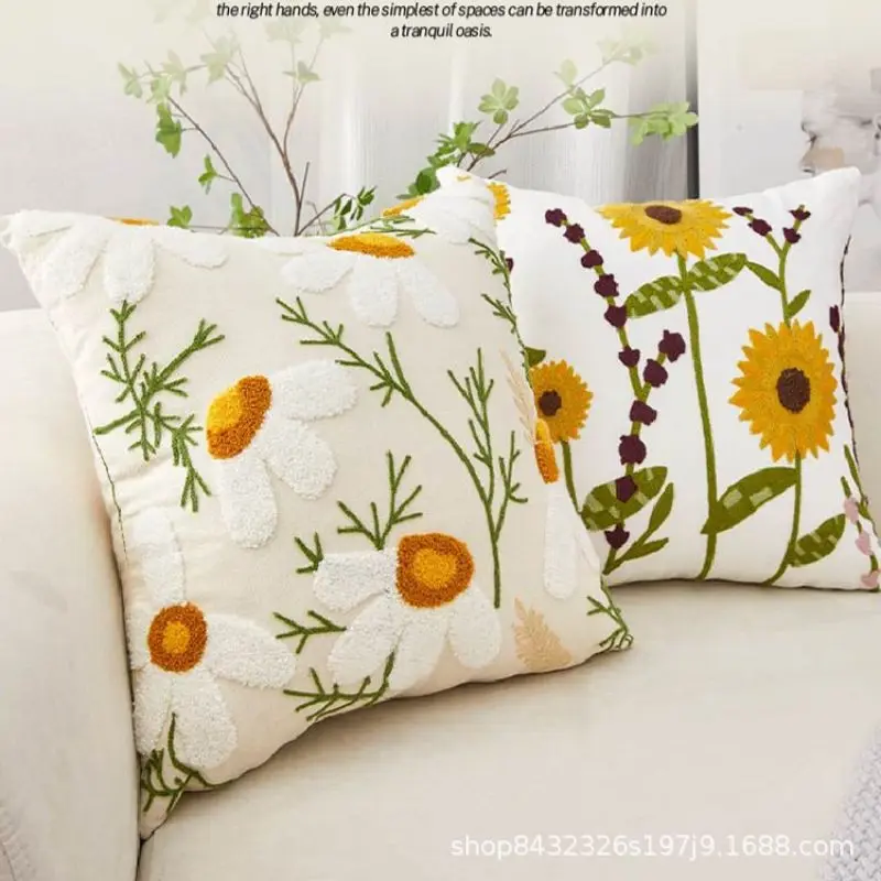 Canvas Floral Embroidered Cushion Cover Cotton 45x45 Countryside Stely Ornamental Pillow Case for Living Room Luxury Home Decor