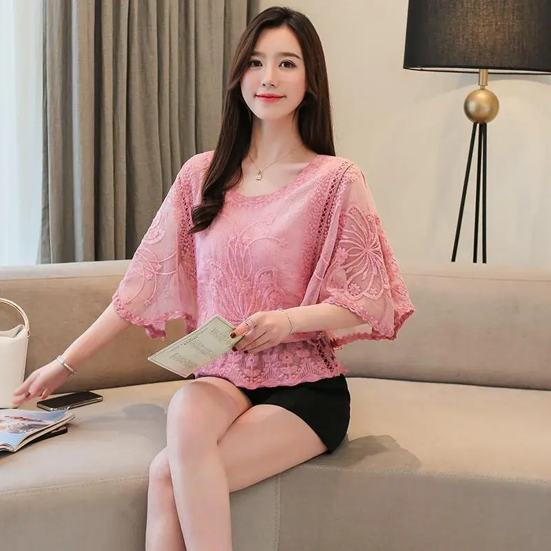 Vintage Ruffle Temperament Fashion Summer Women\'s O-Neck Solid Lace Hollow Mesh Blouse Chiffon Loose Flared Sleeve Shirt Top