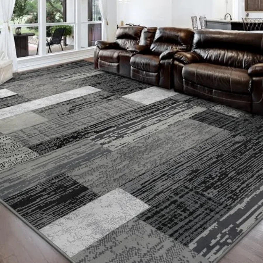 

Modern Geometric Patchwork Area Rug 7x10 Grey Large Rugs for Living Room Rockwood Collection Indoor Rugs for Bedroom Throw Carp