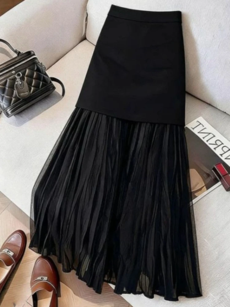 

Black Bodycon Skirt For Women 2026 Faldas Mujer De Moda High Waist Slim Fit Jupe Chic Summer Saia Patchwork Pleated Long Skirts