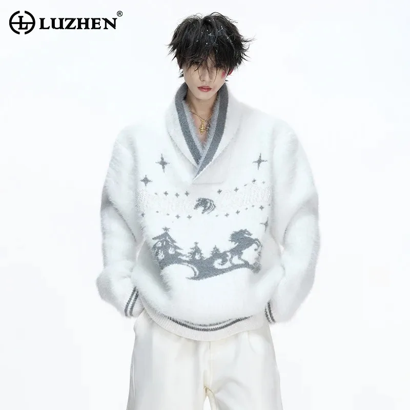 

LUZHEN 2025 Winter High Quality Christmas Pattern V Neck Wool Knitted Pullover Men's Fashion Handsome Loose Male Sweater JY5890