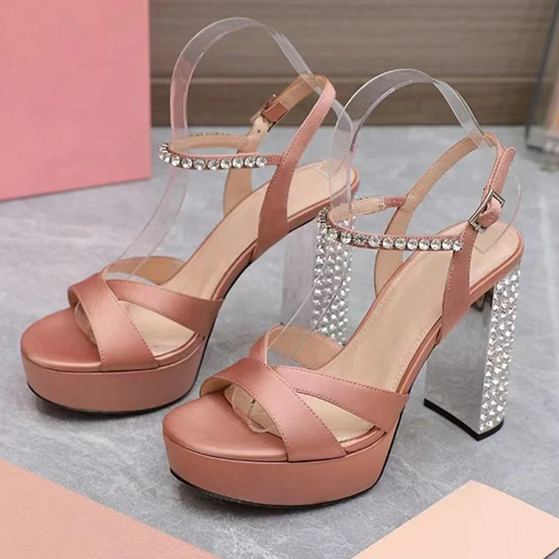 

Rhinestone Chunky Heels Platform Sandals Women Wedding Shoes Satin Crystal High Heels 12.5 cm Gladiator Sandals Woman Sandalias