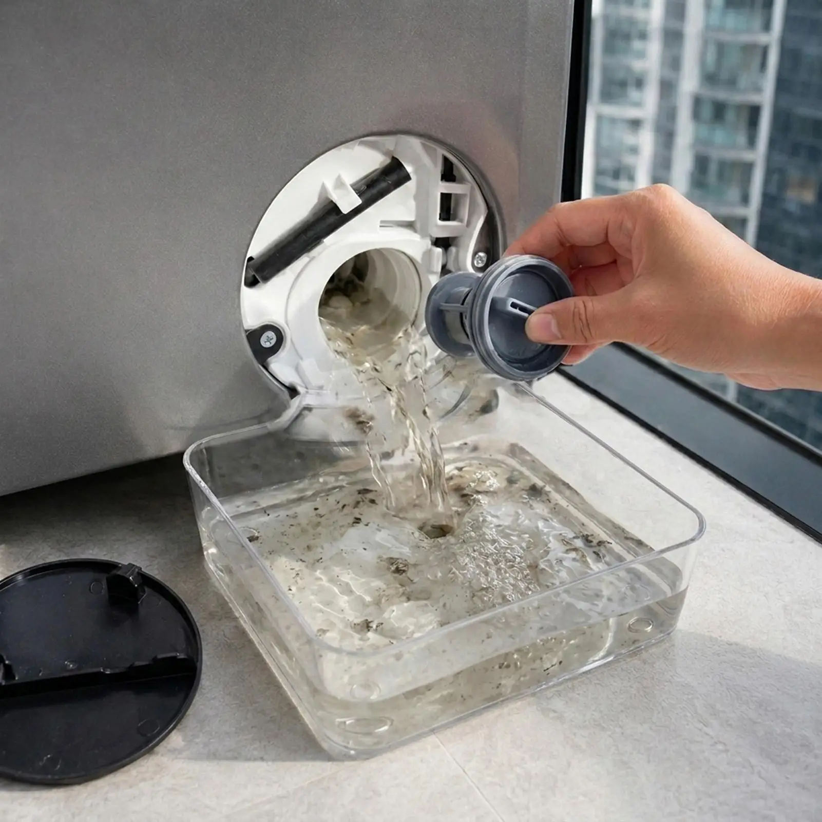Bac de vidange pour lave-linge à chargement frontal, anti-fuite, réutilisable, avec filtre anti-peluches, entonnoir, drain dissimulé, en ABS, anti-odeur, protection de sol