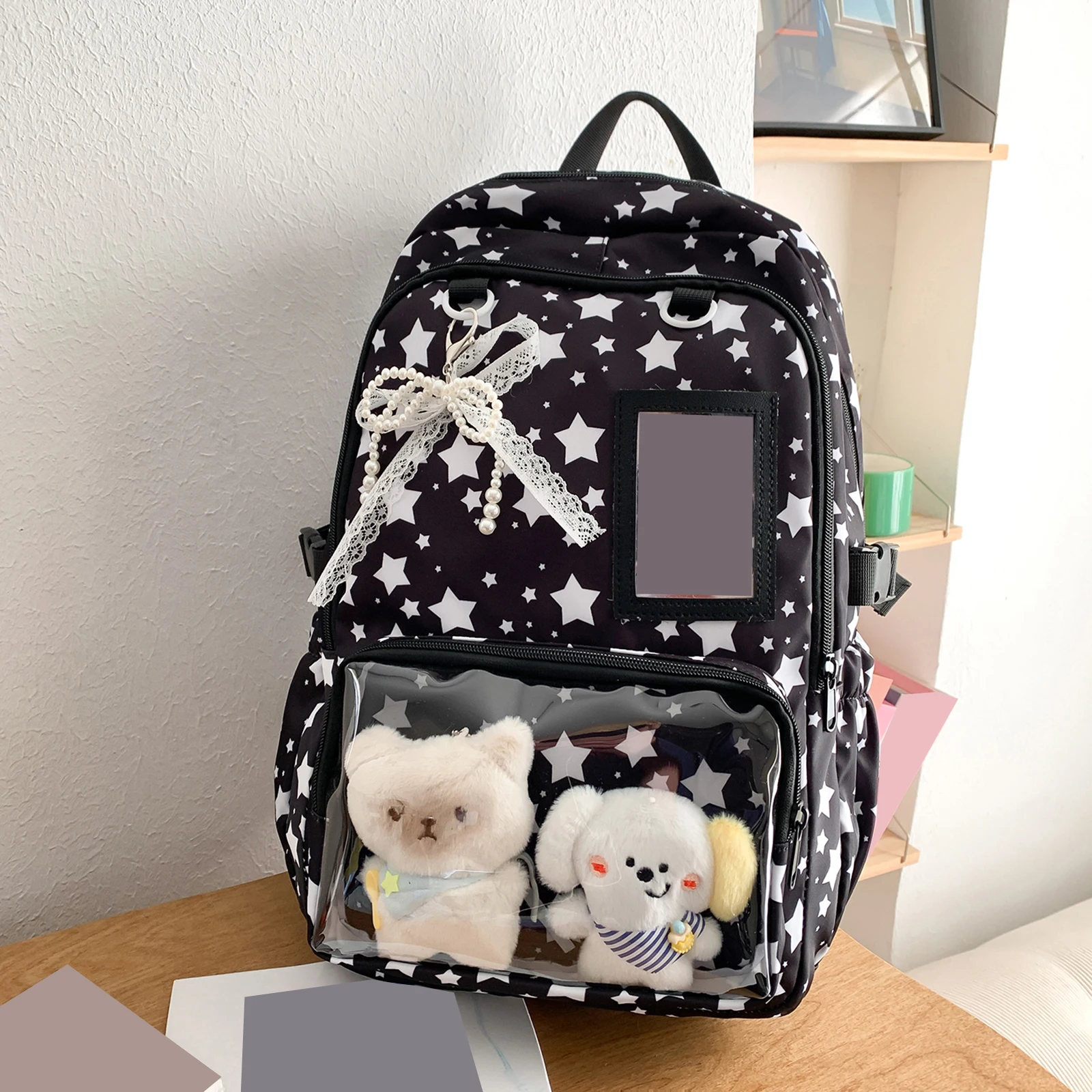 Women Nylon Star Y2k Harajuku Backpack Large Capacity Pin Display Ribbon Ita Bag Adjustable Strap for Shopping Work Dating Use