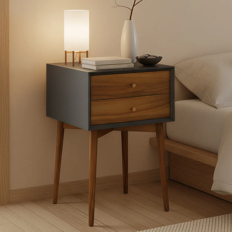 Oak vintage bedside table, double drawer pull, American furniture