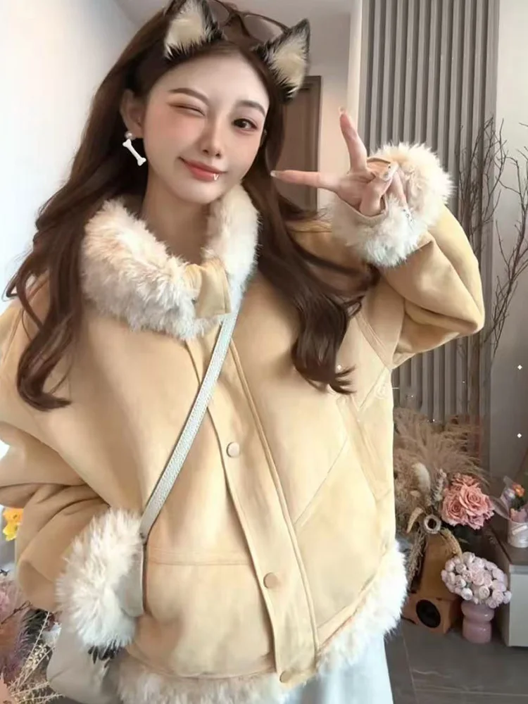 Jaqueta Feminina Coreana de Couro e Pele de Cordeiro Forrada, Nova Coleção Outono/Inverno, Solta, Quente, com Zíper