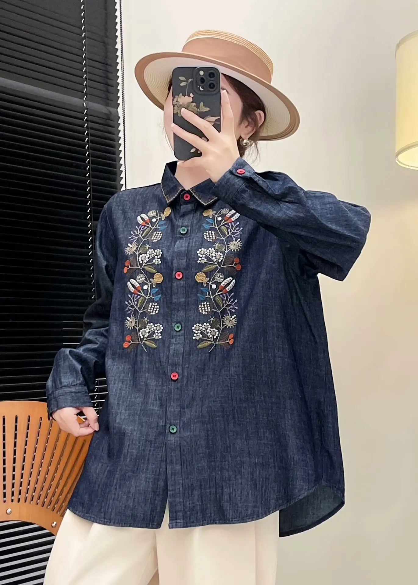 New Summer Cotton Long Sleeve Denim Shirt, Woman Lapel Embroidery Tops, Mori Girl Retro Sweet Loose Blouses, 2024 Fall T47698QC