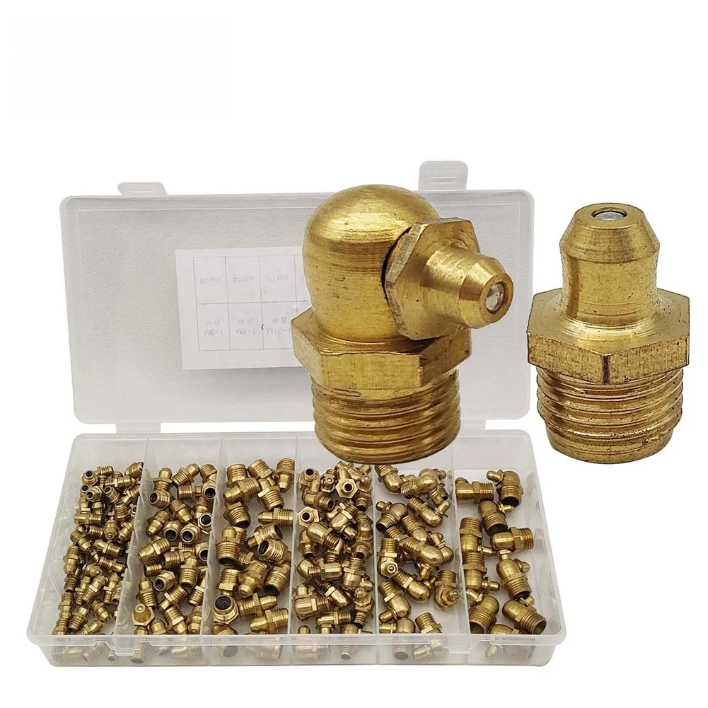 Brass Grease Fitting Set 150pcs Transparent Compartment Box Straight and 90 Degree Elbow for Easy Identification