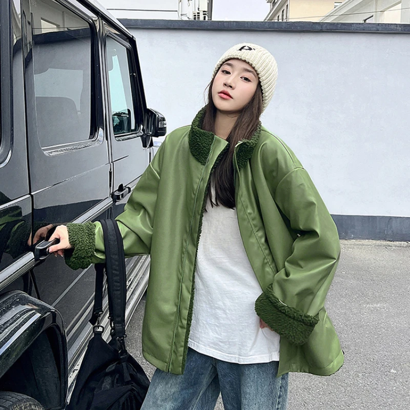 Boki noszą damskie parki koreańska moda podwójna wełna jagnięca zimowa luźna codzienna krótka para ze skóry PU bawełniana kurtka