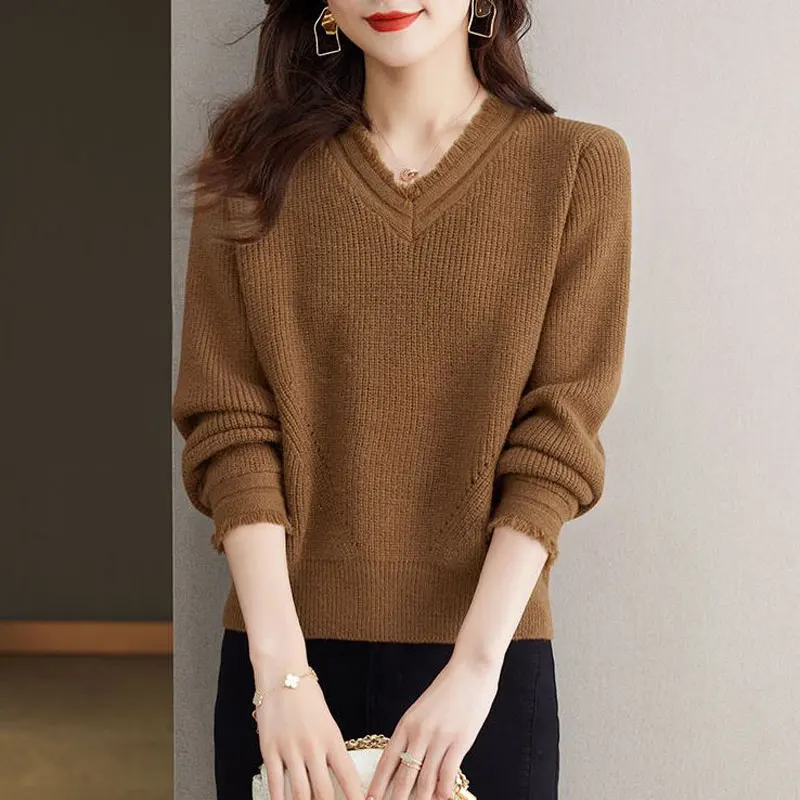 

Autumn Winter New Vintage Elegant Knitted Sweaters Women Clothing Fashion Chic V-neck Pullovers Loose Warm Soft Wool Tops