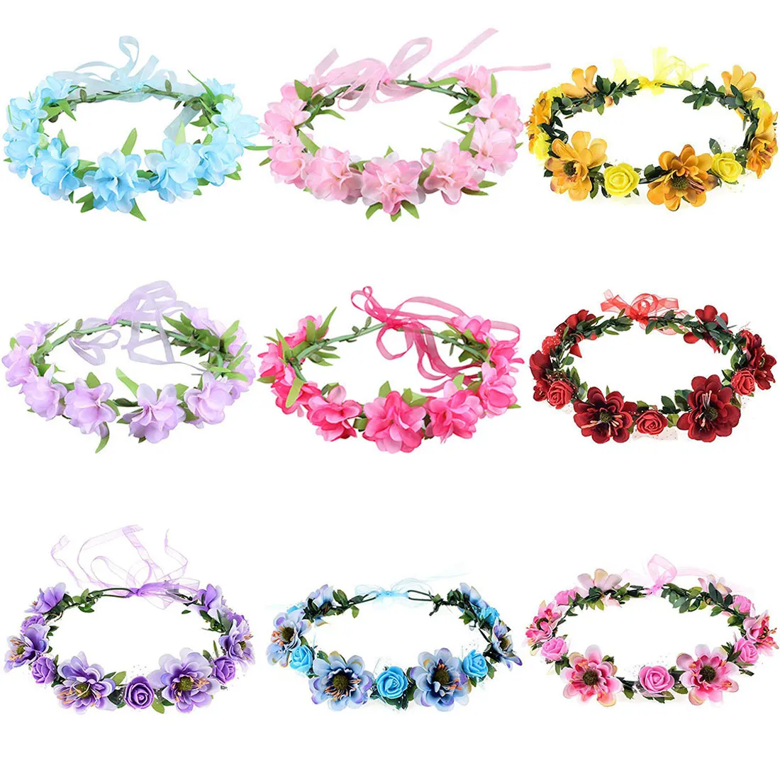 9 Pack Artificial Flower Crown Headband Set Adjustable Ribbon Floral Headpiece for Girls Beach Halloween Party Birthday Garland