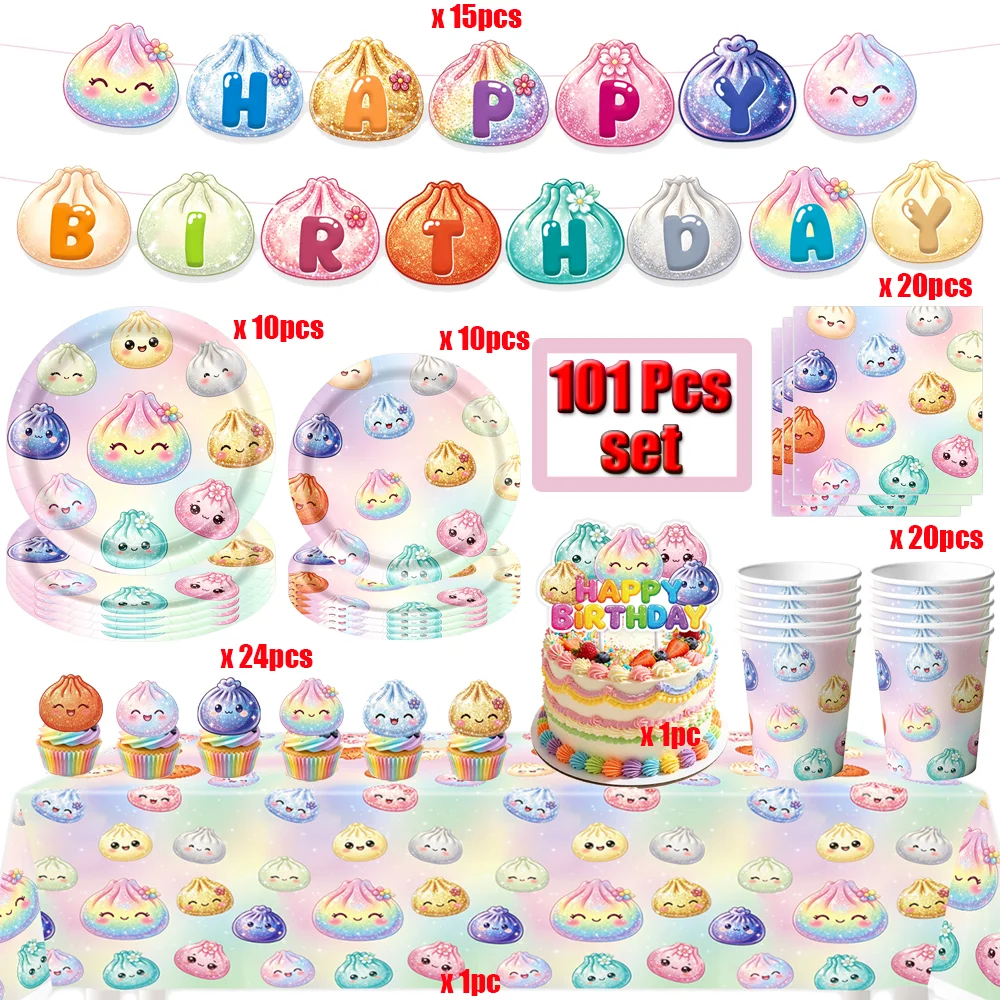 Squishy Dumpling Geburtstagsparty-Dekorationsset Einweg-Tischgeschirr Becher Teller Serviette Geschenktüte Banner Hintergrund Kinderparty-Zubehör – Detail 2