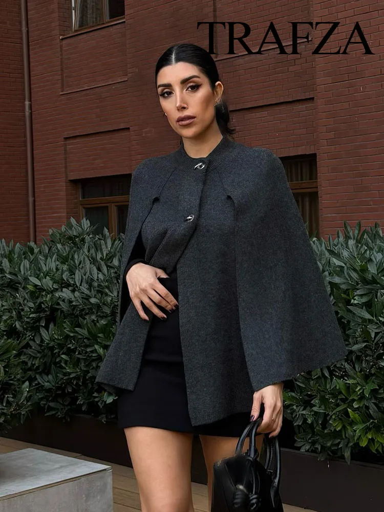 TRAFZA Female Autumn Elegant Cape Style Jackets Dark Gray O-Neck Long Sleeve Metal Button Knitted Tops Women Fashion Coats