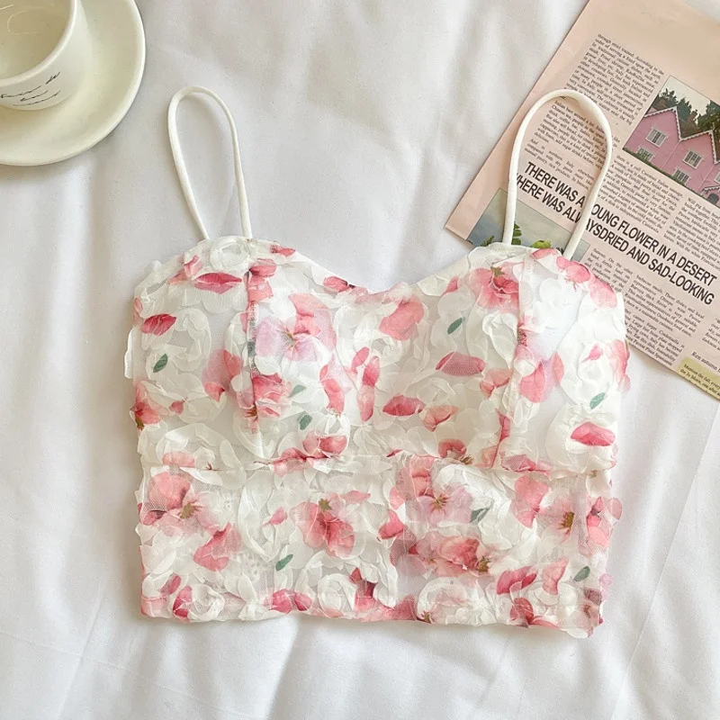 Teen Girl Cropped Tops with Bra Pads Summer Corset Korean Floral Suspenders Vest Sexy Camisole Slim New