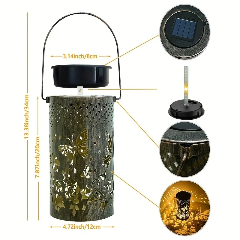 Solar Powered Butterfly LED Lantern Outdoor Hanging Light with On/Off Switch Metal Decorative Lights for Garden Yard Porch Lawn