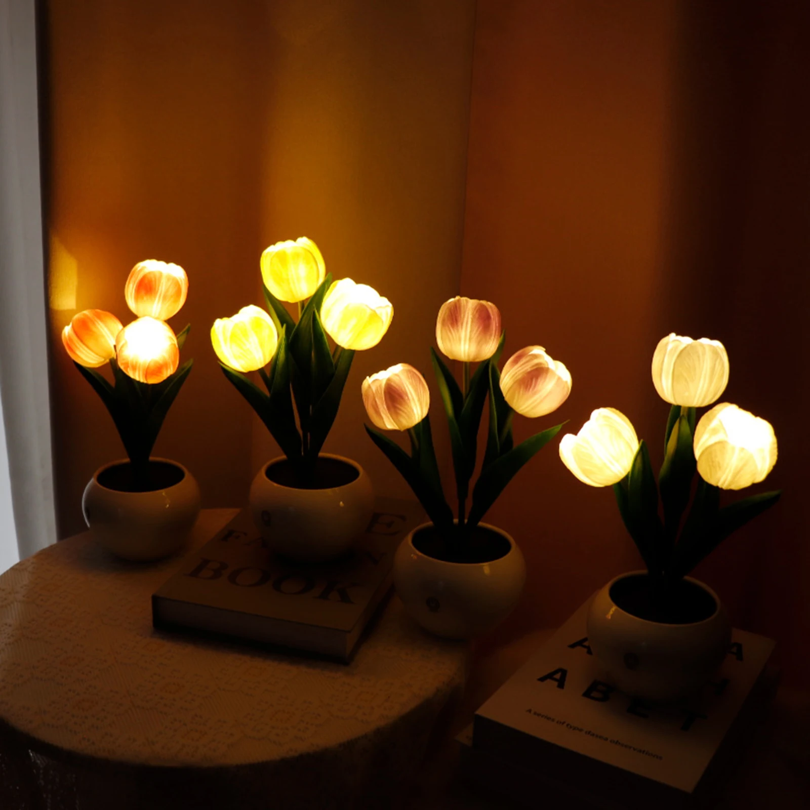 LED Tulip Lamp Night Simulation Flower Lamp Bedside Atmosphere Night Light with Pot Bedroom Night Light For Home Decoration