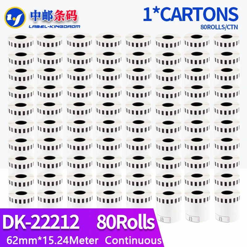 80 Refill Rolls Generic DK-22212 Synthetic Paper Label 62mm*15.24Meter Continuous Compatible for Brother Thermal Printer
