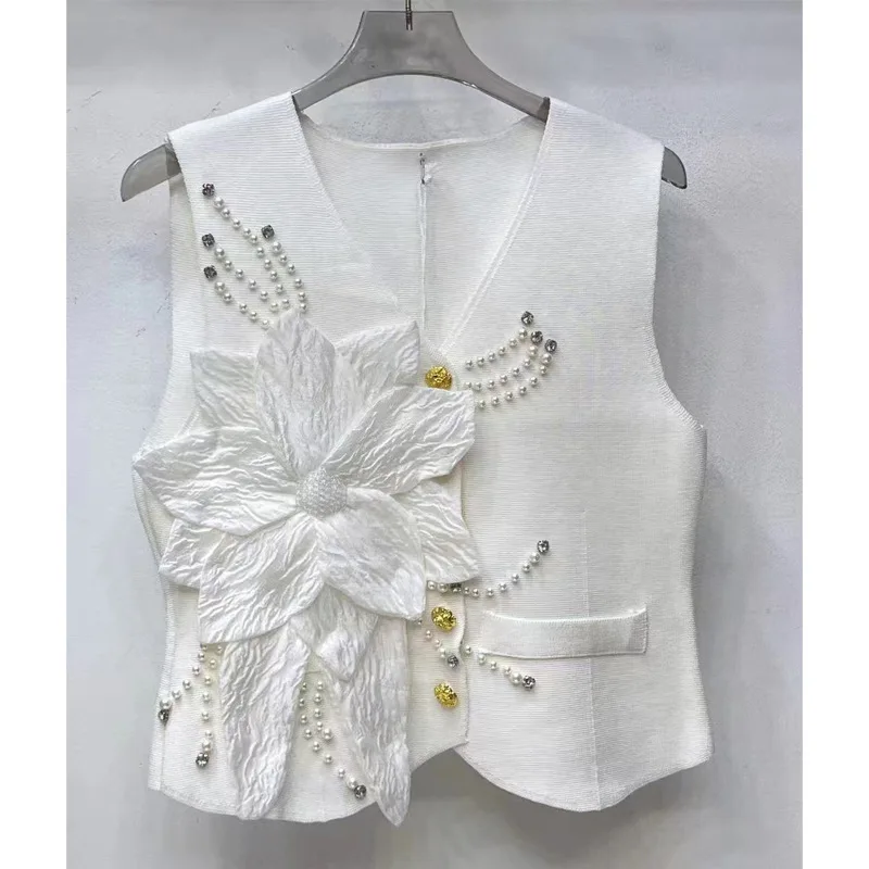 

Тяжелый бисер, милый трехмерный кружевной лоскутный жилет из органзы с v-образным вырезом, однобортный облегающий короткий вязаный жилет без рукавов