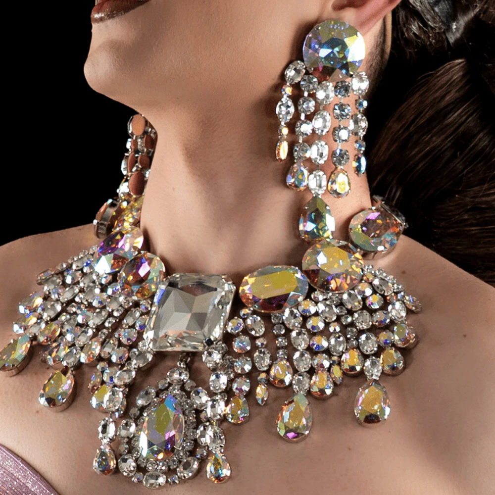 Drag Queen Exaggerated Necklace Earrings Set Performance for Women Fashion Geometric Rhinestone Jewelry Set Tassel Accessories