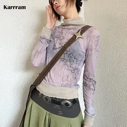 Karrram giapponese Y2k maglia maglia top Vintage Tattoo Print See Through t-shirt Grunge estetica dolcevita top trasparenti Harajuku