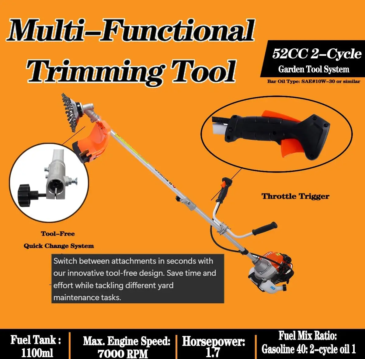 Gas Weed Wacker, 6-in-1 Multi-Functional Trimming Tool with Rotatable Gas Pole Saw Grass String Trimmer Brush Cutter Weed Eater