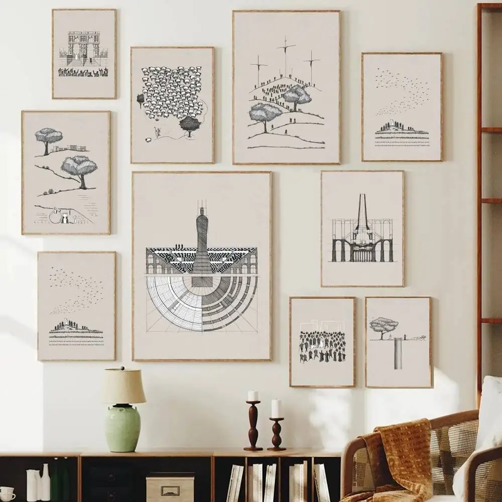 Neutral Tone Architecture Line Drawing Matte Paper Poster Tree Crowd Landscape Wall Art Decor for Home Room Interior Ornament