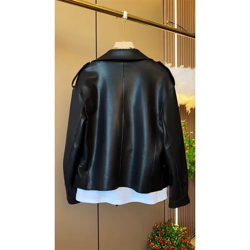 SpringAutumn Korean PU Leather Jacket Women 2024 New Short Leather Jacket Outwear Female Fashion Long Sleeve V-Neck Leather Coat