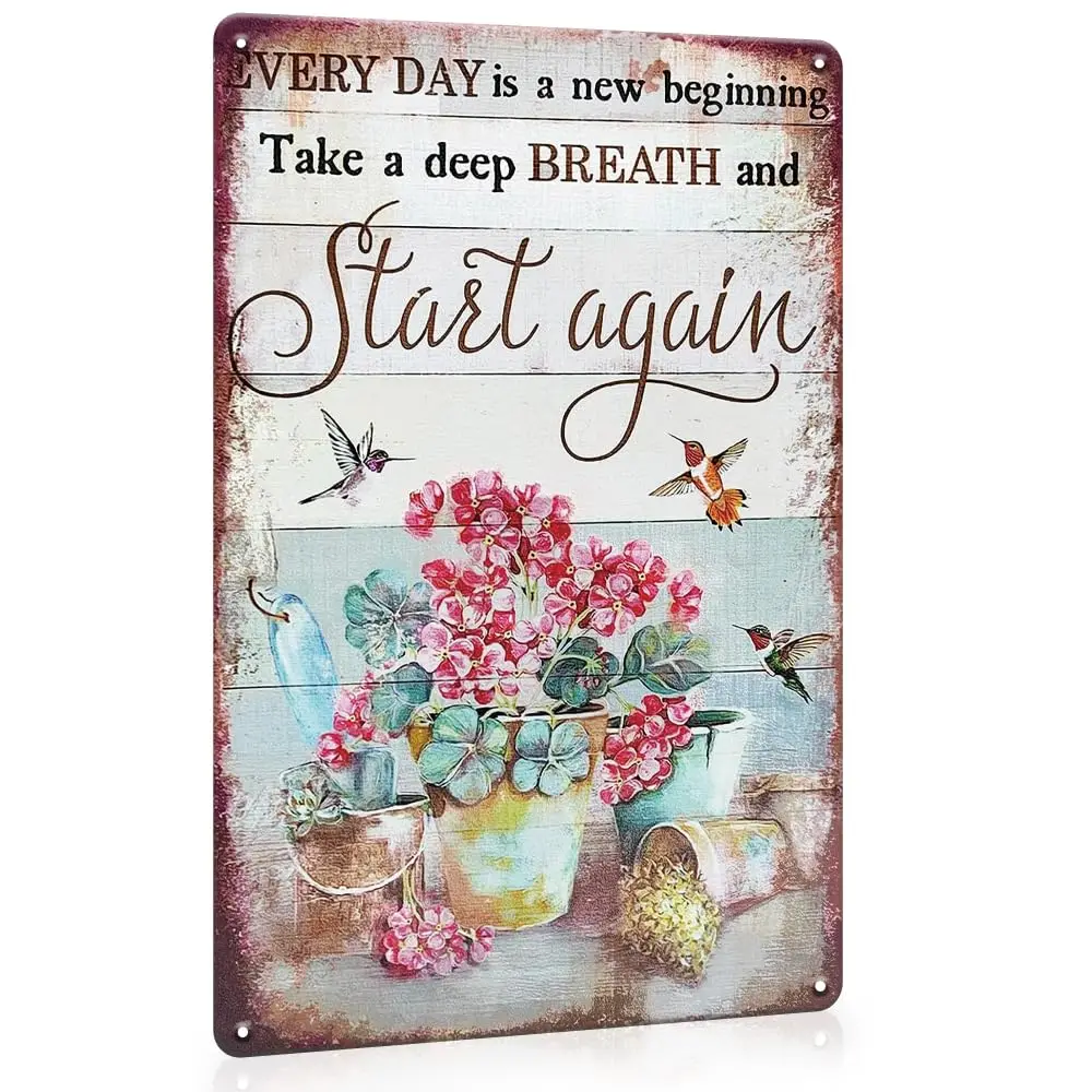 Vintage Flowers Garden Signs,Every Day is A New Beginning Take A Deep Breath and Start Again,12x8 Inches Spring Inspirational Wa