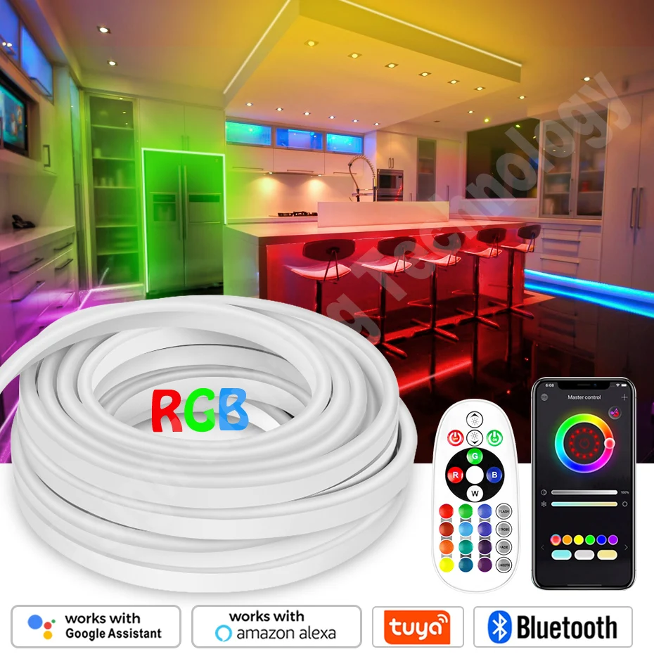 RGB LED 네온 스트립 5050, 야외 IP67 방수, 유연한 리본 라이트 테이프, 750W 원격, 블루투스, 투야 스마트 와이파이, 1-100m, 220V