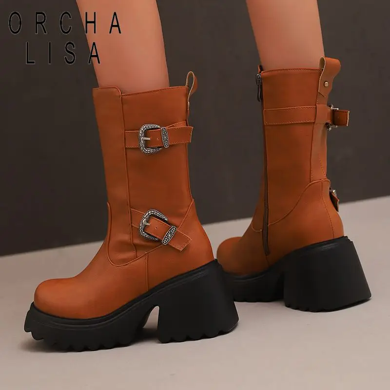 ORCHA LISA ريترو أحذية نسائية غير رسمية منتصف العجل جولة تو 8 سنتيمتر كتلة كعب 3.5 سنتيمتر منصة سستة الشرير الأسود حجم كبير 44-45