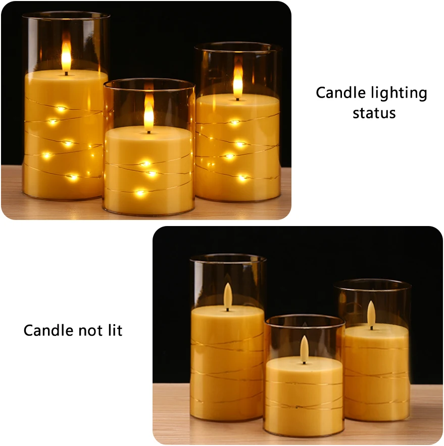 3pcs LED Flameless Candle with String Light Electric Candle Lamp Acrylic Glass Shell Flickering Candle Bulk forWedding Christmas