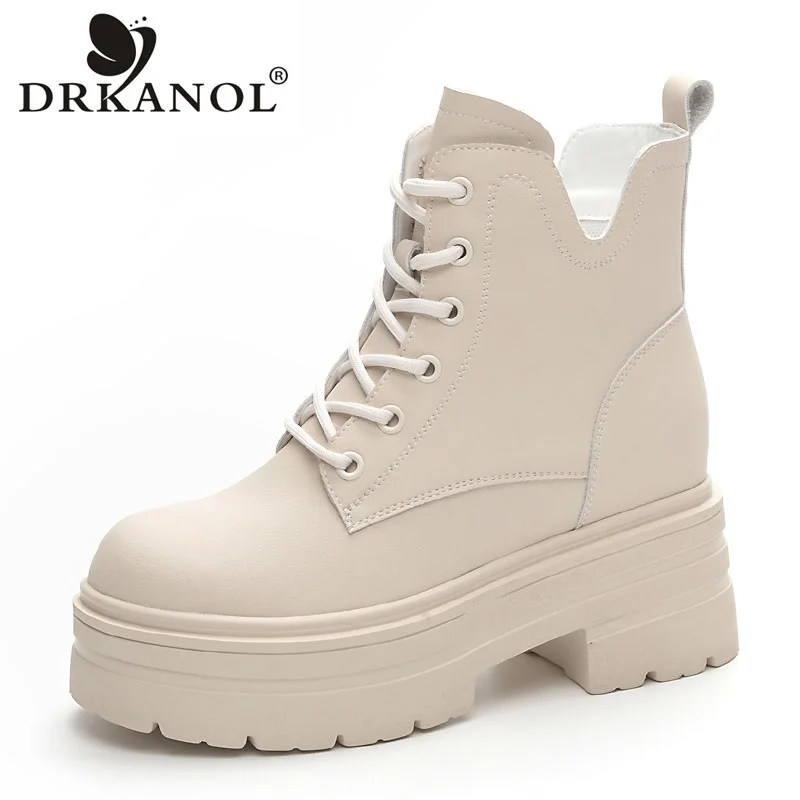 

DRKANOL Fashion Women Thick High Heel Ankle Boots 8cm Height Increasing Round Toe Real Cowhide Solid Color Platform Cotton Boots