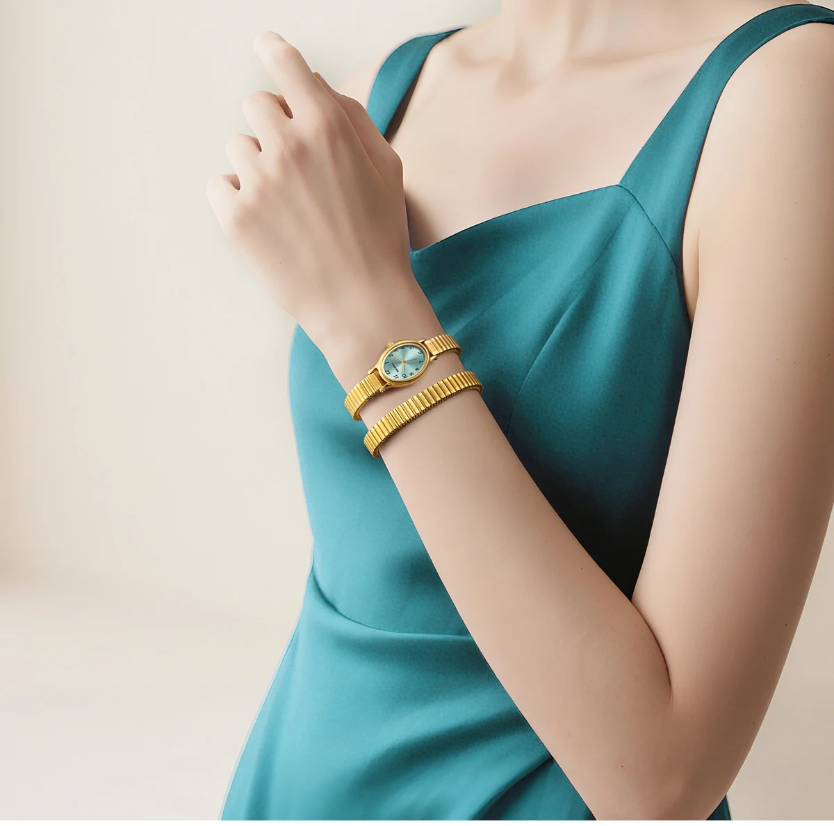 BERNY Goldene Uhren für Damen, luxuriöses goldenes elastisches Armband, elegante, leicht ablesbare Damenuhr, Stretch-Armband, Kleiderarmbanduhr – Detail 19
