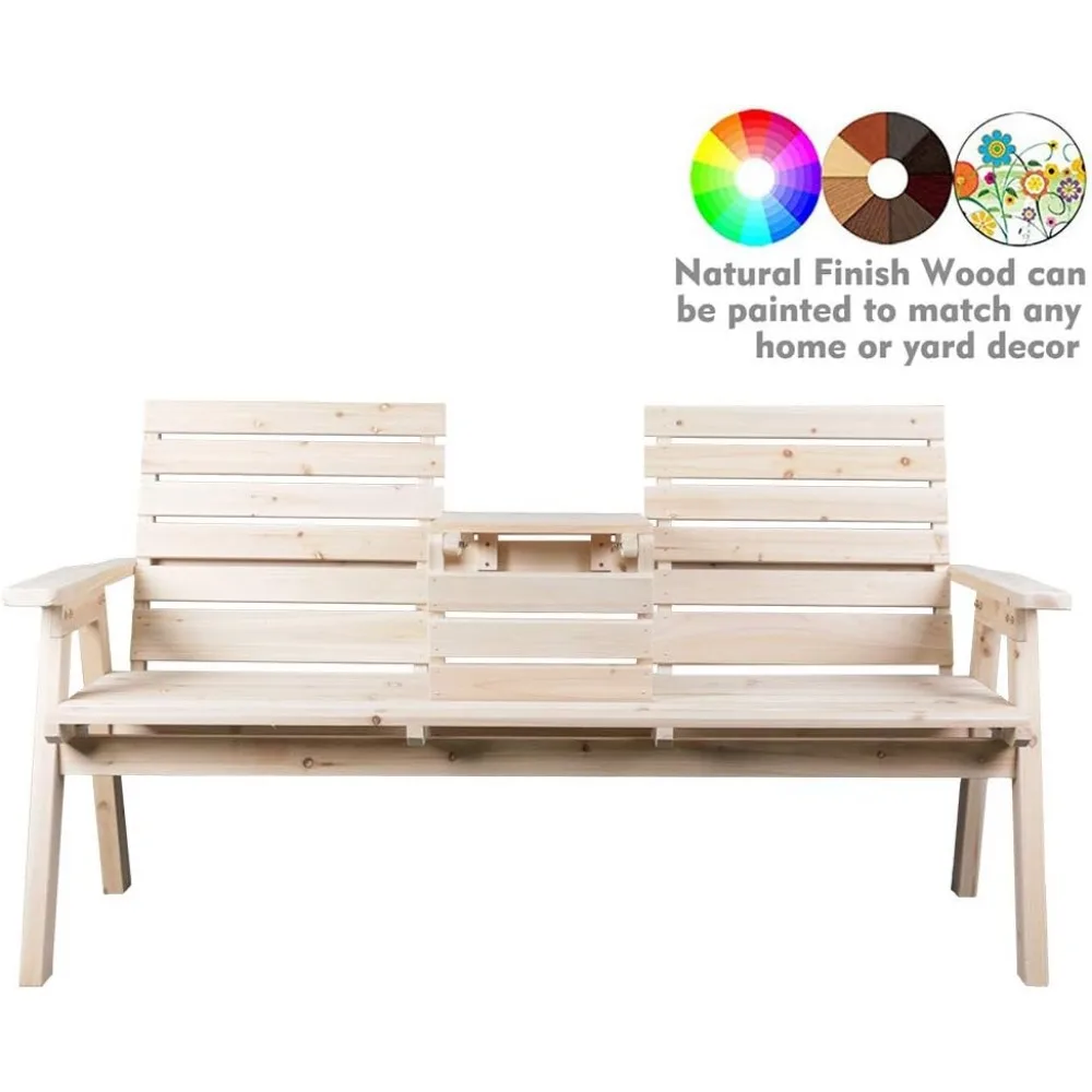 Fir Log Wood Patio Garden Bench with Foldable Table, Outdoor Wooden Porch 3-Seat Bench Chair for Garden Balcony