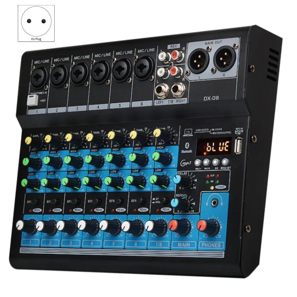 8 Channel USB Bluetooth 48V Power Supply Sound Card Audio Mixer Sound Board Console Desk System Interface (EU Plug)