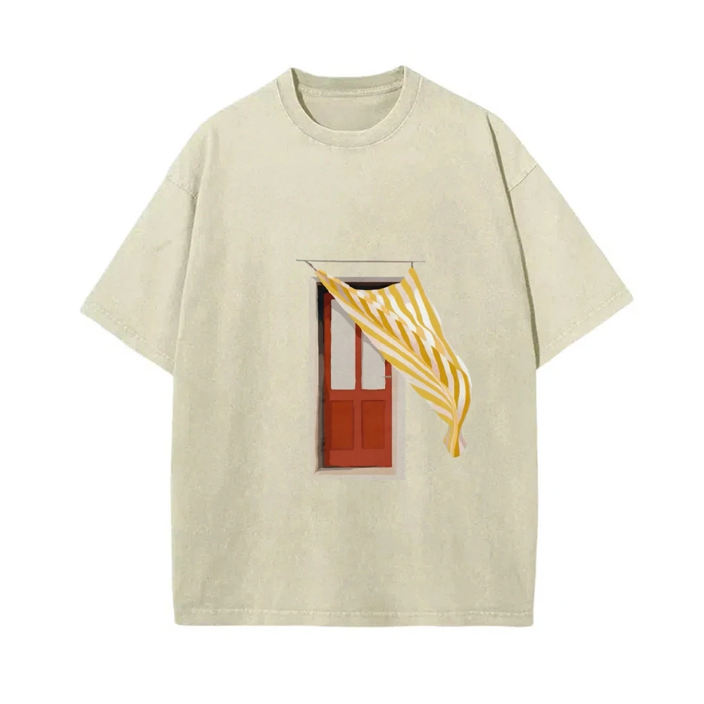 グラフィック Tシャツ ウィンドウカーテン Tシャツ 綿 100% 高品質 オーバーサイズ ウォッシュド Tシャツ イエロー カーテン プリント アーティスティック Y2K バイブ
